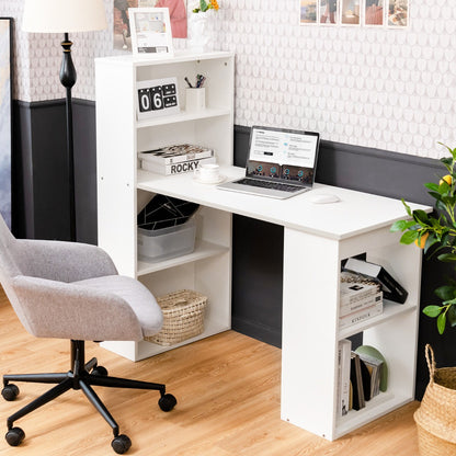 Modern 3-in-1 Wooden Computer Desk with 6-Tier Storage Bookshelves-White, Costway, 6