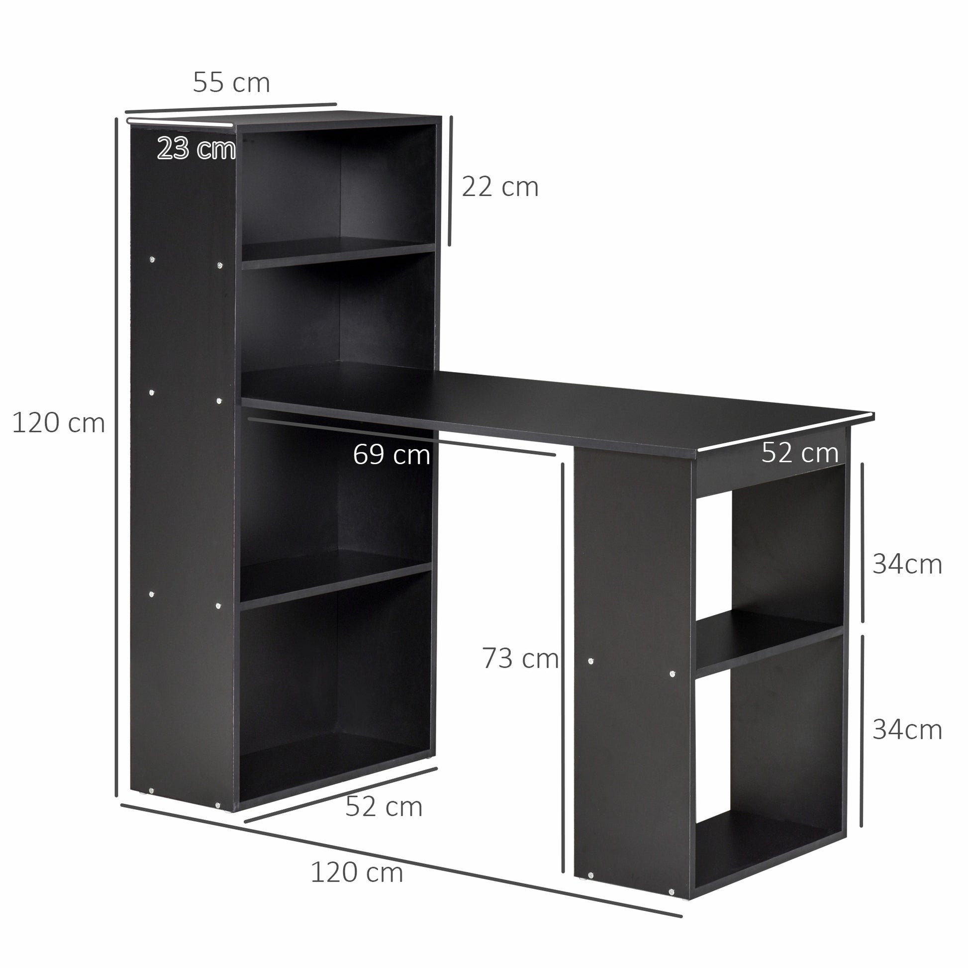 120cm Modern Computer Desk Bookshelf Study Table Workstation PC Laptop Writing Home Office 6 Shelves Black, HOMCOM, 3