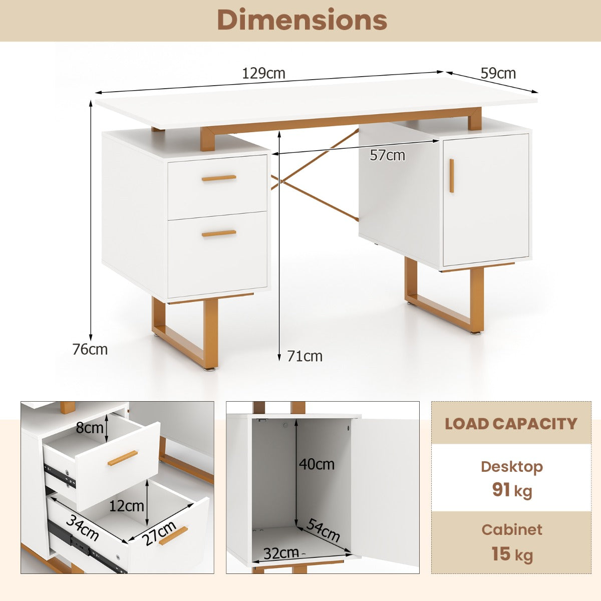 Computer Desk with Floating Desktop and Dual Drawers-White, Costway, 5
