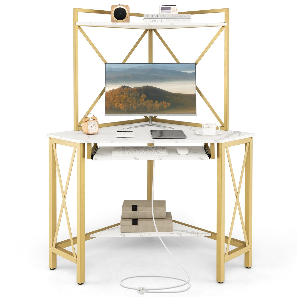 Corner Computer Desk with Hutch Storage Shelves and Keyboard Tray-White, Costway, 4