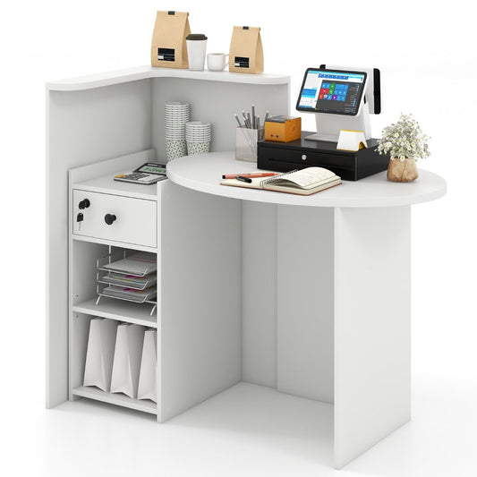 Corner Front Reception Counter Desk with Lockable Drawer-White, Costway, 1