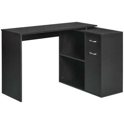 L-Shaped Desk, Corner Computer Desk, Adjustable Study Table with Storage Shelf, Drawer and Cabinet, Workstation for Home Office, Black Wood Grain, HOMCOM, 1