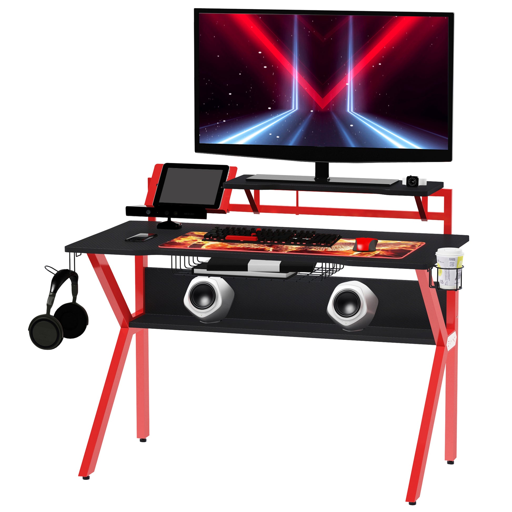 Gaming Desk, Computer Table with Monitor Stand, Cup Holder, Headphone Hook, Wire Basket and Metal Frame, 120cm, Red, HOMCOM, 1