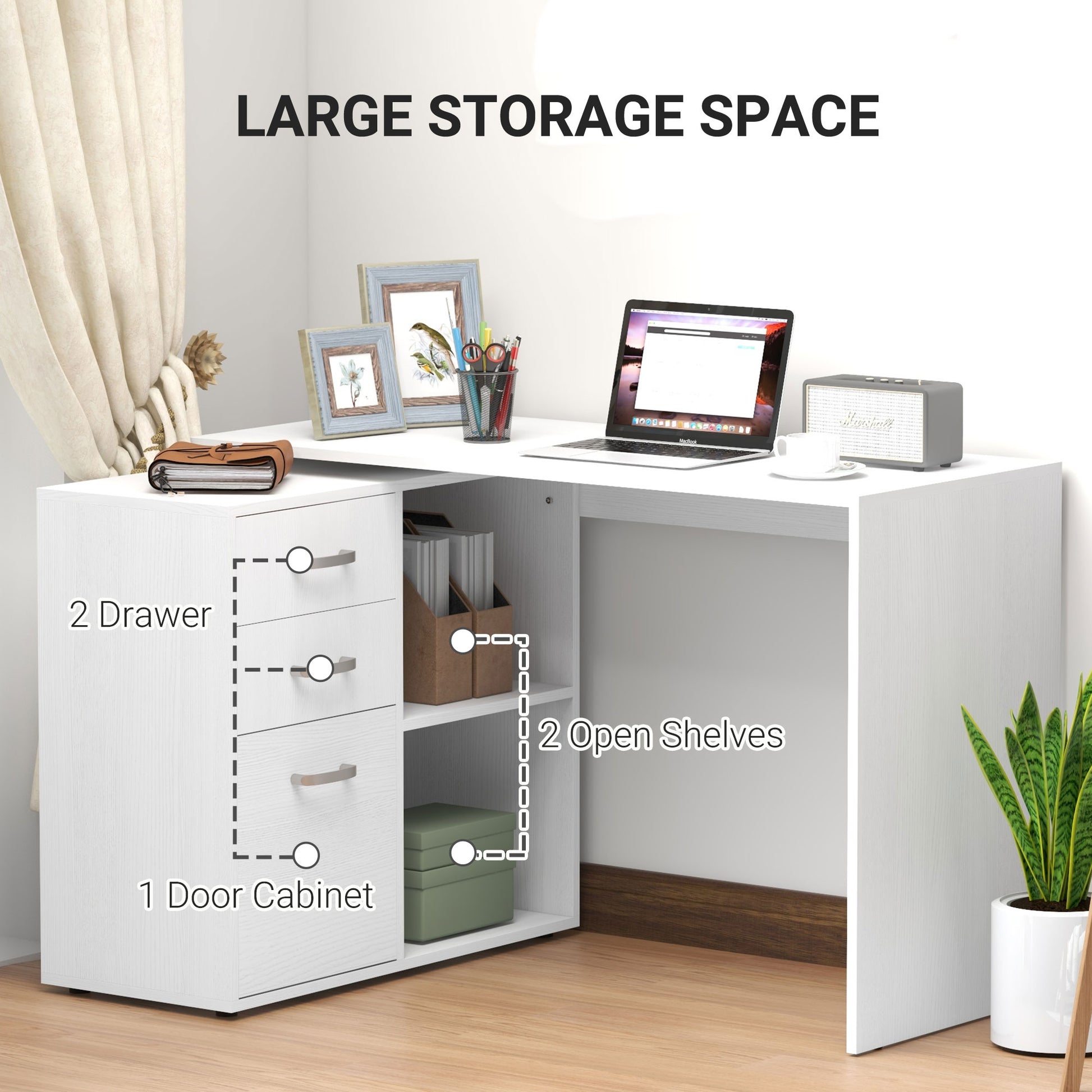 L-Shaped Computer Desk, 2 Shaped Corner Desk with Drawers, File Cabinet and Storage Shelves, Home Office Desk, 117 x 83.5 x 76cm, White, HOMCOM, 7