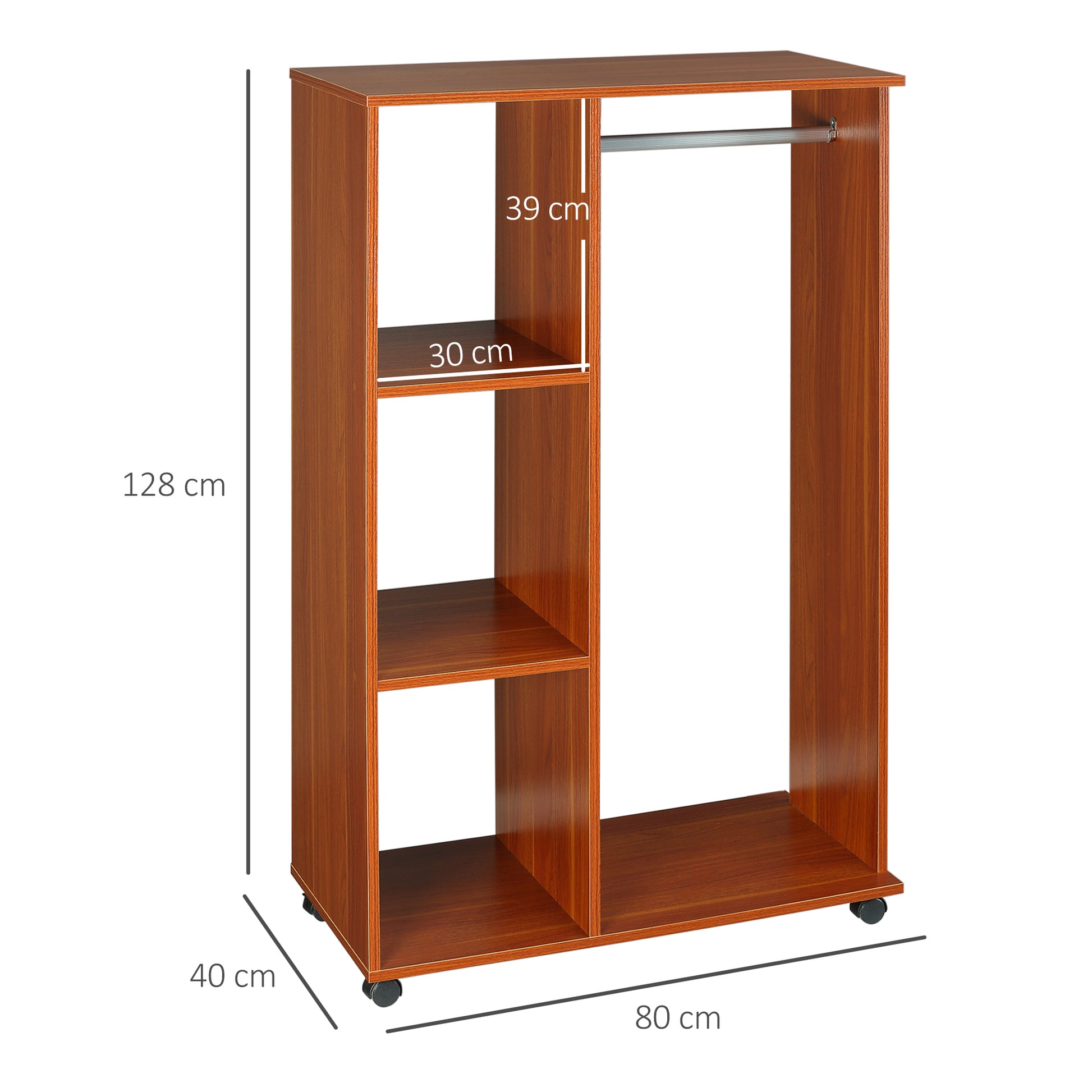 Open Wardrobe on Wheels with Clothes Rail, Bedroom Clothes Storage with Hanging Rod, 3 Storage Shelves, Mobile Garment Rack for Cloakroom, Hallway, Walnut, HOMCOM, 3