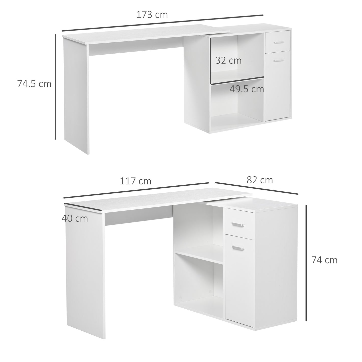 L-Shaped Desk, Corner Computer Desk, Adjustable Study Table with Storage Shelf, Drawer and Cabinet, Workstation for Home Office, White Wood Grain, HOMCOM, 3