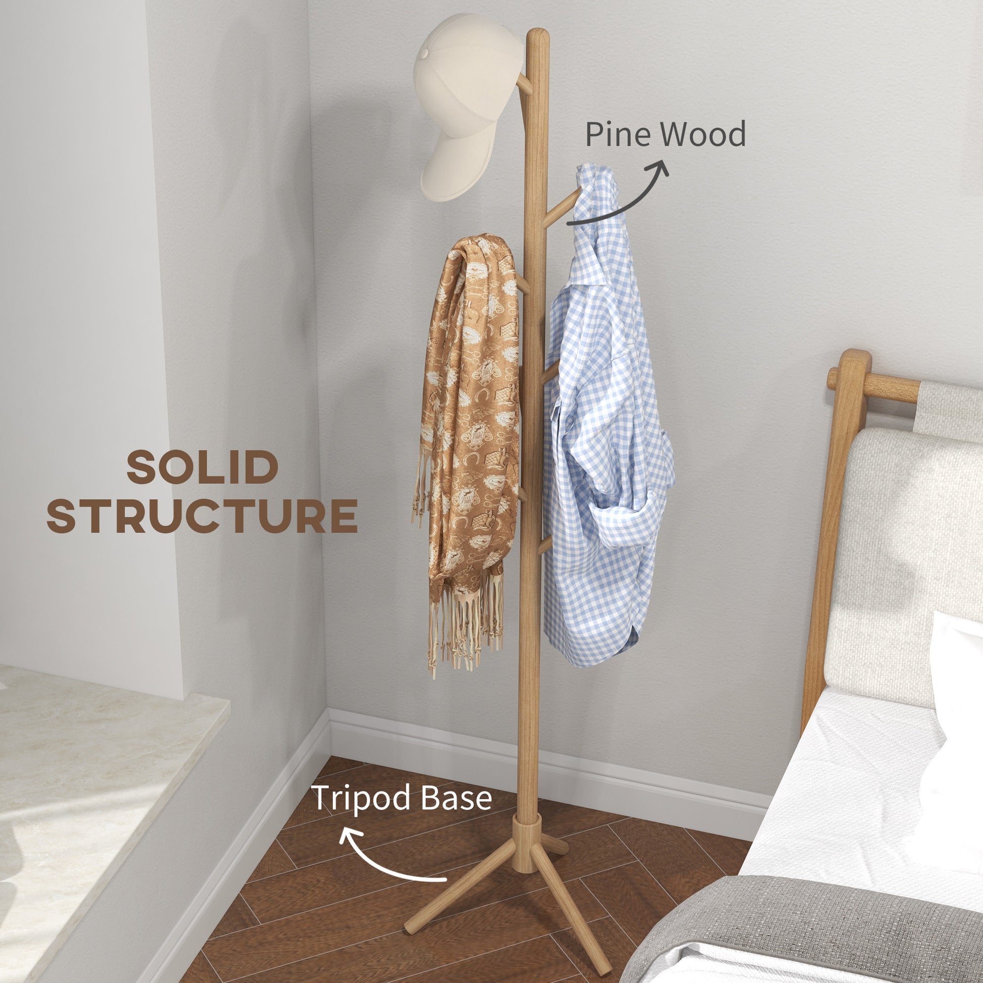 Eight-Hook Wooden Coat Rack - Natural, HOMCOM, 5