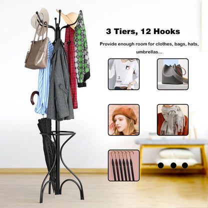 Modern Freestanding Metal Coat Stand with 12 Hooks for Bedroom Entryway-Triangular Base, Costway, 5