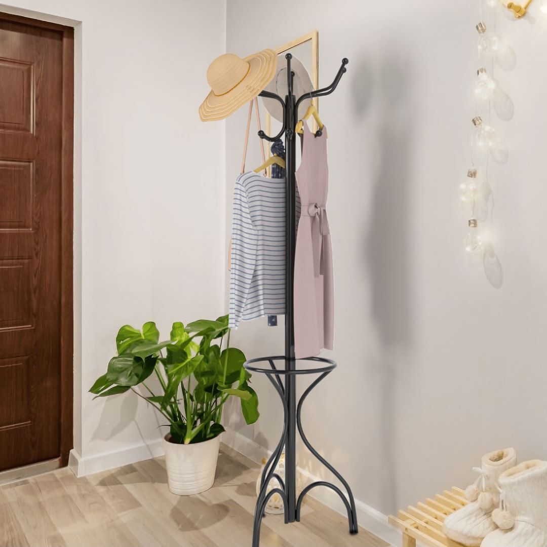 Modern Freestanding Metal Coat Stand with 12 Hooks for Bedroom Entryway-Triangular Base, Costway, 6