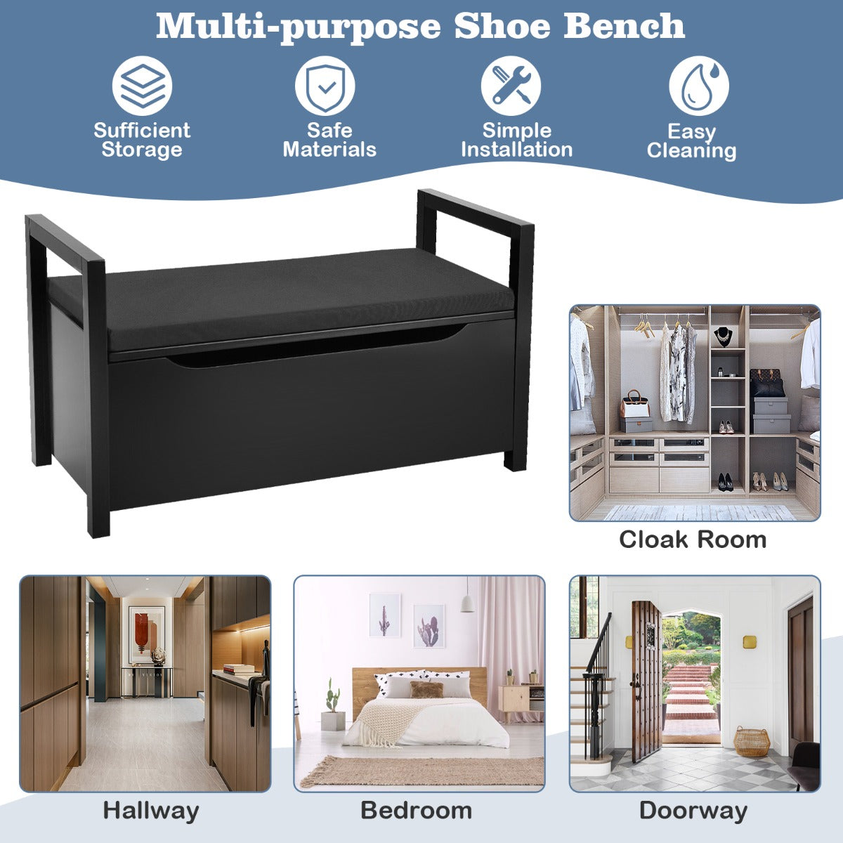 2-in-1 Wooden Shoe Changing Bench with Storage Space-Black, Costway, 5