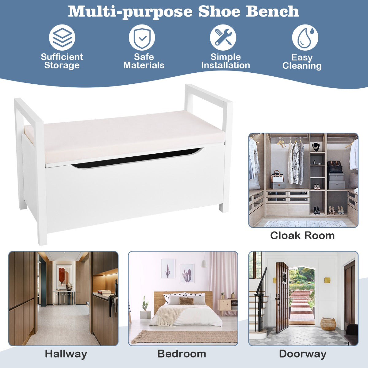 2-in-1 Wooden Shoe Changing Bench with Storage Space-White, Costway, 5