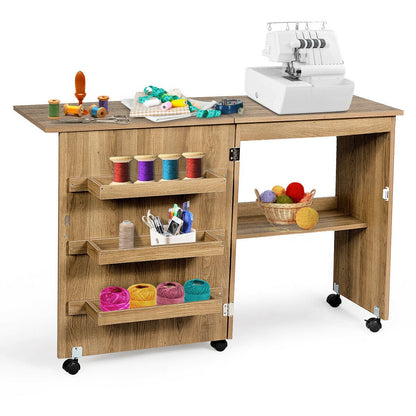 Folding Sewing Table with Storage Shelves and Lockable Casters-Natural, Costway, 1