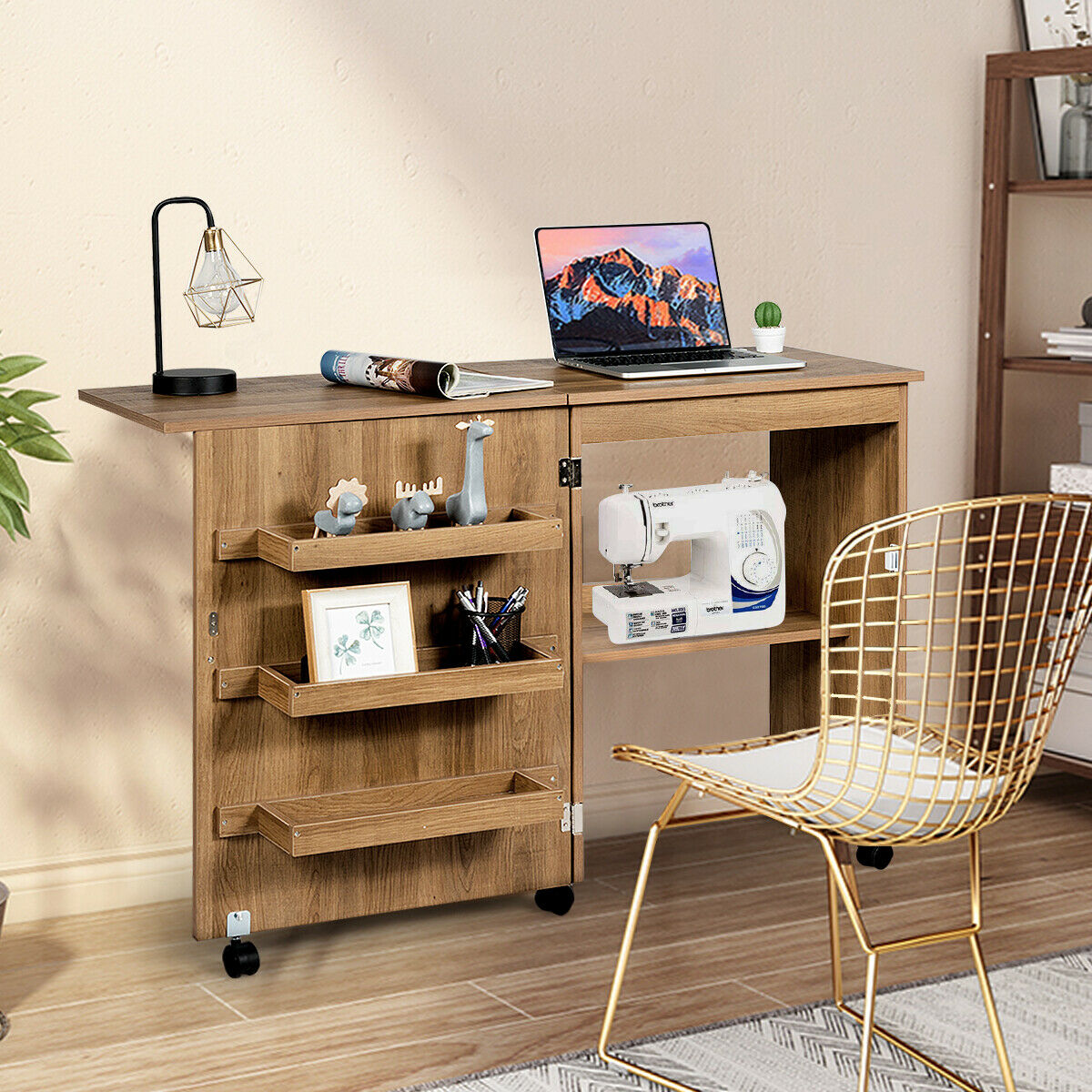 Folding Sewing Table with Storage Shelves and Lockable Casters-Natural, Costway, 2