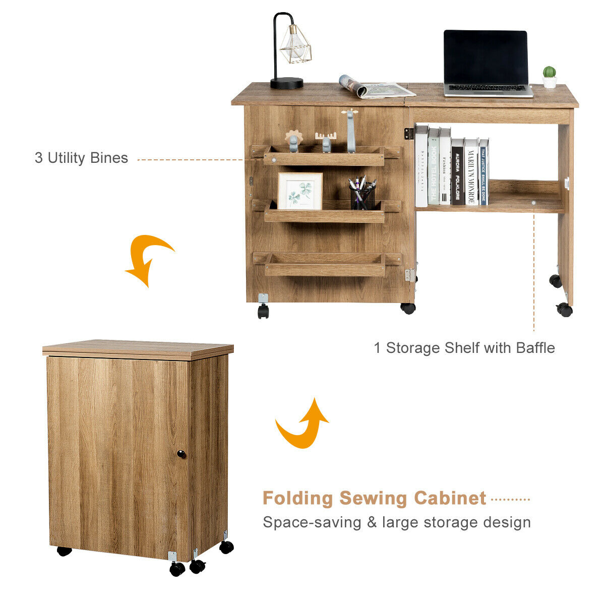 Folding Sewing Table with Storage Shelves and Lockable Casters-Natural, Costway, 5