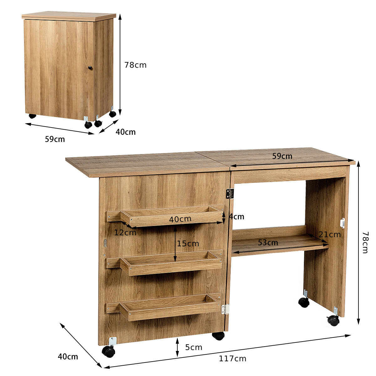 Folding Sewing Table with Storage Shelves and Lockable Casters-Natural, Costway, 4