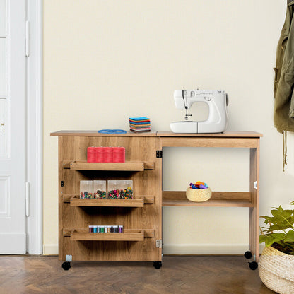 Folding Sewing Table with Storage Shelves and Lockable Casters-Natural, Costway, 6