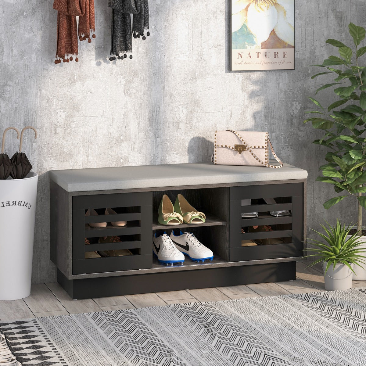 Shoe Bench with 6 Storage Compartments and 3 Adjustable Shelves and Cushion-Dark Grey, Costway, 2