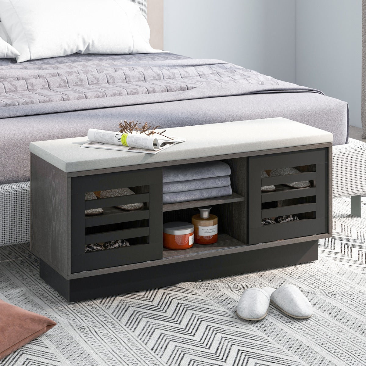 Shoe Bench with 6 Storage Compartments and 3 Adjustable Shelves and Cushion-Dark Grey, Costway, 5