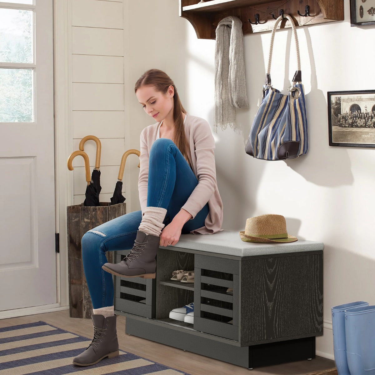 Shoe Bench with 6 Storage Compartments and 3 Adjustable Shelves and Cushion-Dark Grey, Costway, 6