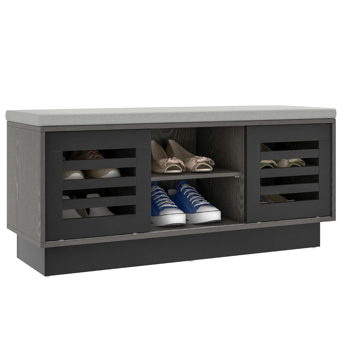 Shoe Bench with 6 Storage Compartments and 3 Adjustable Shelves and Cushion-Dark Grey, Costway, 7