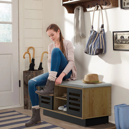 Shoe Bench with 6 Storage Compartments and 3 Adjustable Shelves and Cushion-Natural, Costway, 6