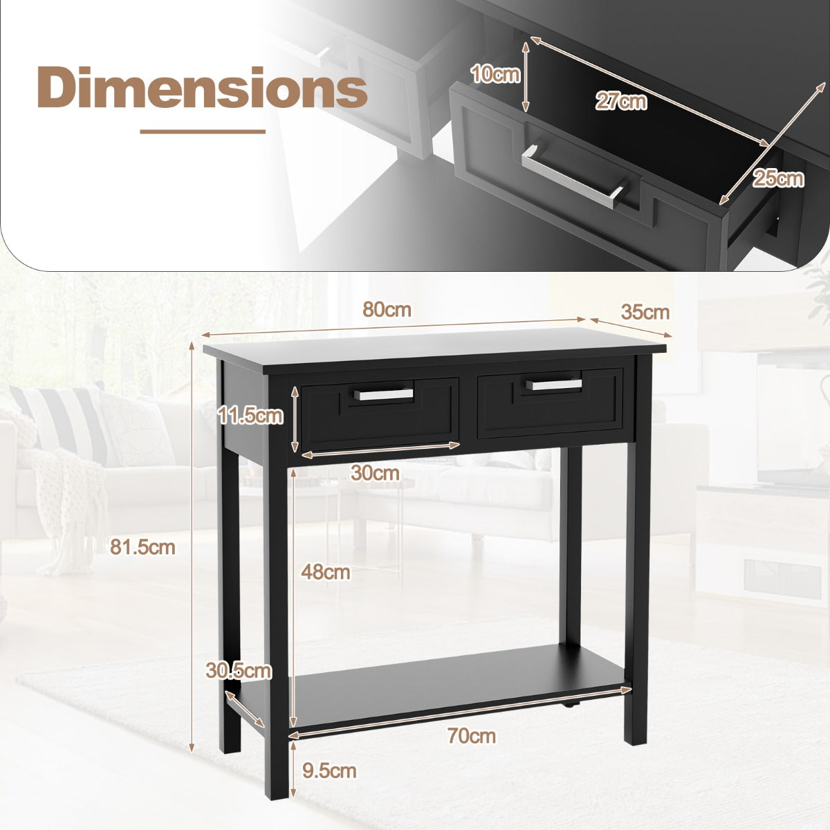 Modern Console Table 2 Drawer with Shelf-Black, Costway, 5