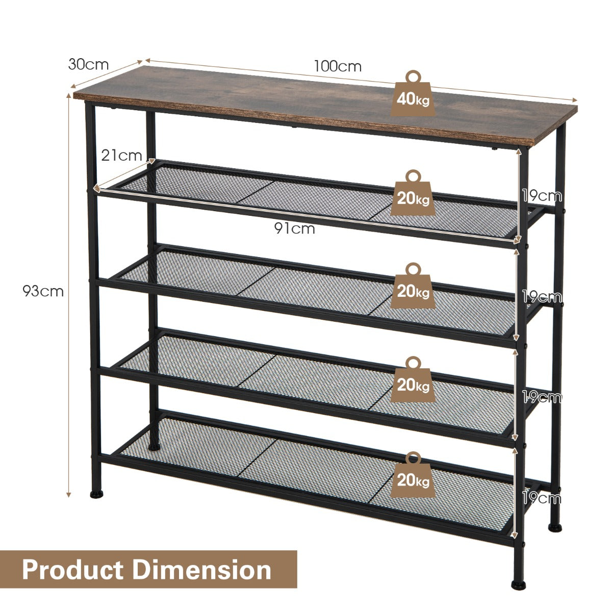 5-Tier Shoe Storage Rack with Metal Mesh Shelves and Wooden Top-Brown, Costway, 4