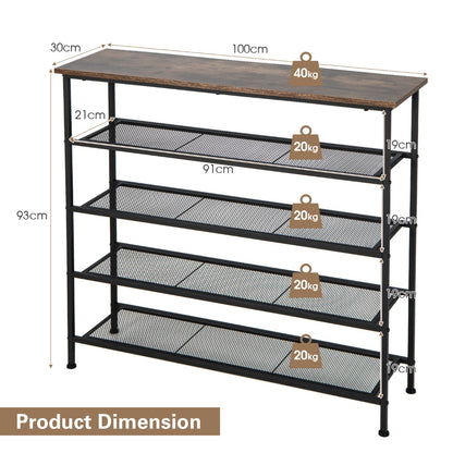 5-Tier Shoe Storage Rack with Metal Mesh Shelves and Wooden Top-Brown, Costway, 4