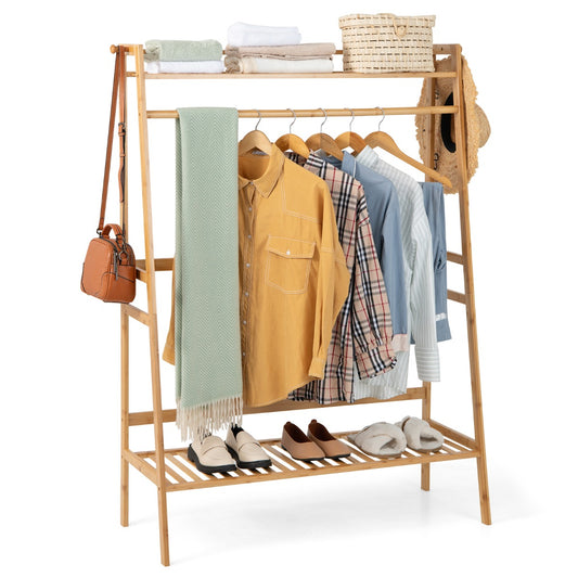 Clothes Rail, Coat Rack with Shoe Storage, Bamboo Clothing Rack with Top Shelf, Natural, Costway