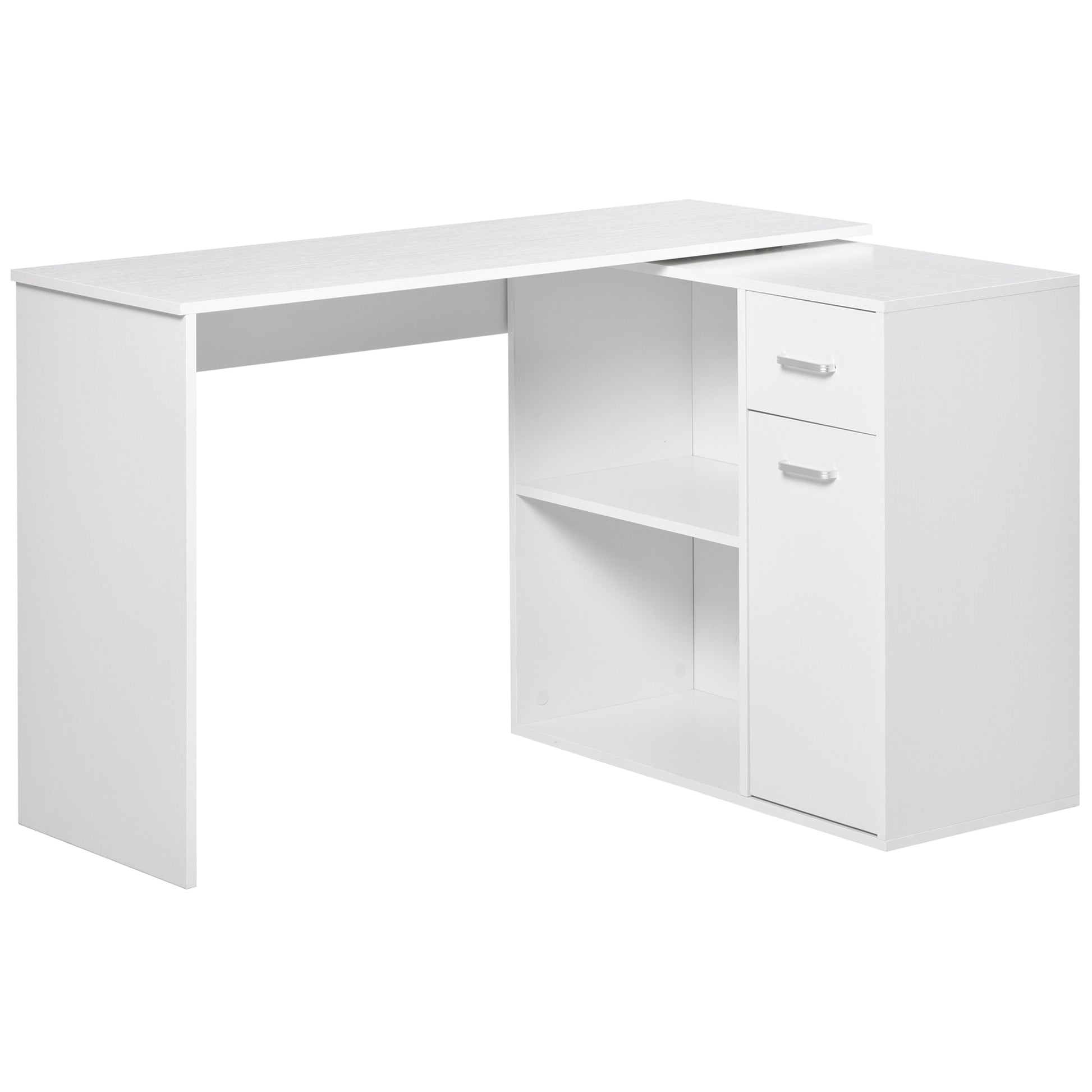 L-Shaped Desk, Corner Computer Desk, Adjustable Study Table with Storage Shelf, Drawer and Cabinet, Workstation for Home Office, White Wood Grain, HOMCOM, 1