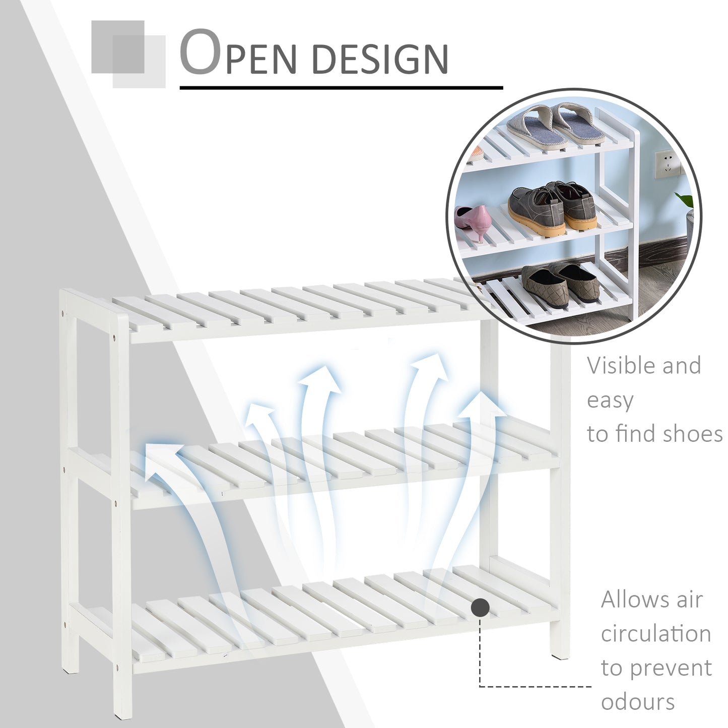 3-Tier Shoe Rack Wood Frame Slatted Shelves Spacious Open Hygienic Storage Home Hallway Furniture Family Guests 70L x 26W x 57.5H cm - White, HOMCOM, 4