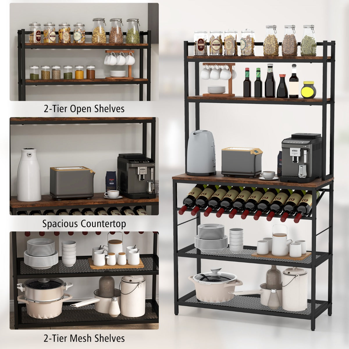 6-Tier Kitchen Baker’s Rack with Wine Storage-Brown, Costway, 3