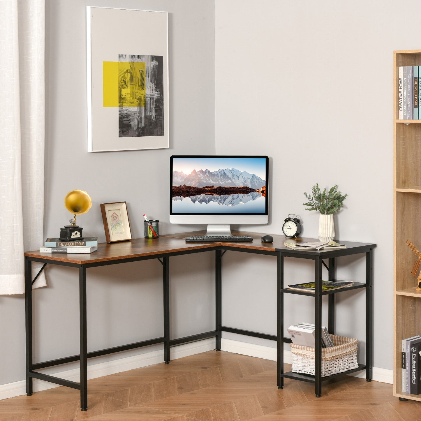 L-Shaped Computer Desk Industrial Corner Writing Desk with Adjustable Storage Shelf Space-Saving Home Office Workstation 150 x 120 x 75 cm Rustic Brown, HOMCOM, 2