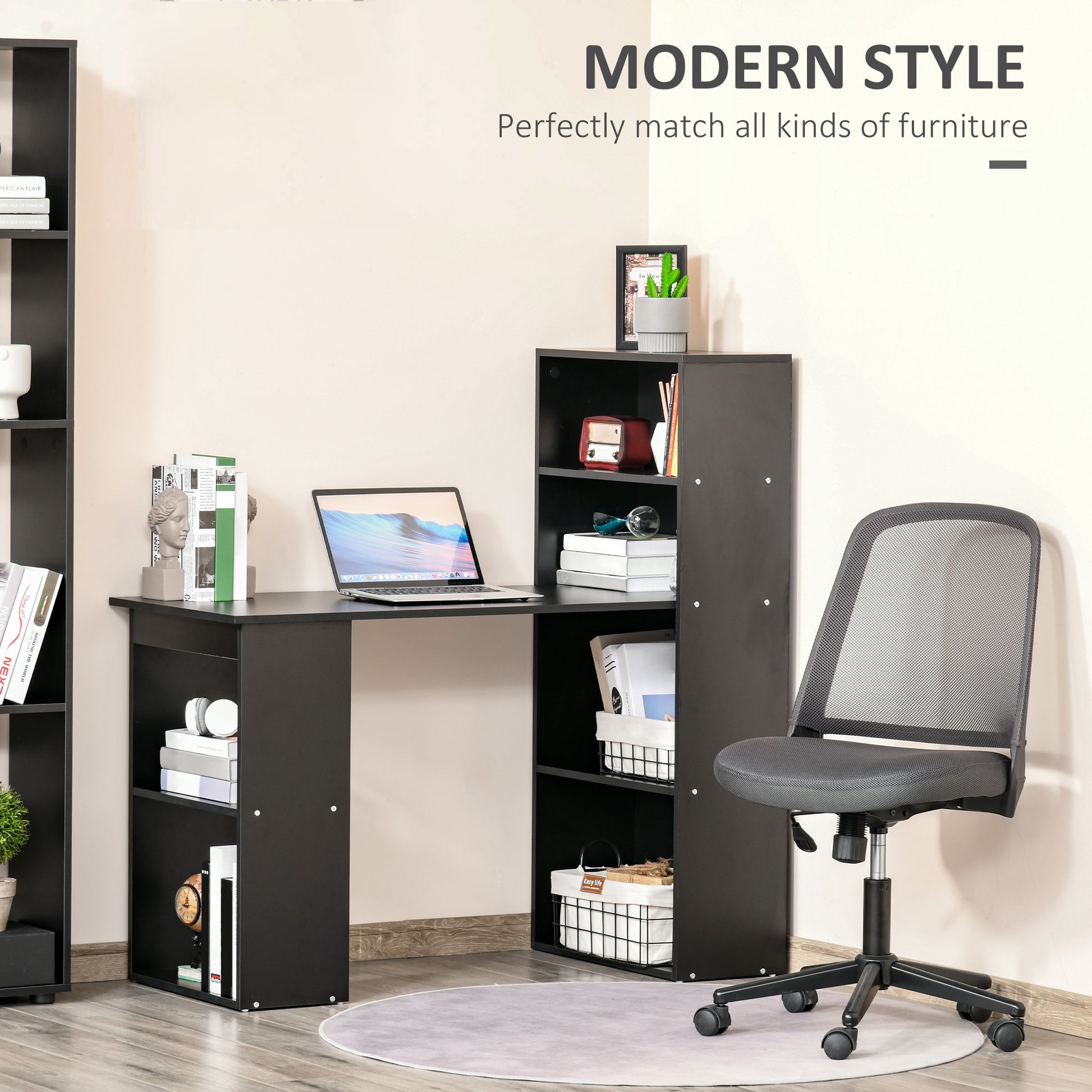 120cm Modern Computer Desk Bookshelf Study Table Workstation PC Laptop Writing Home Office 6 Shelves Black, HOMCOM, 4