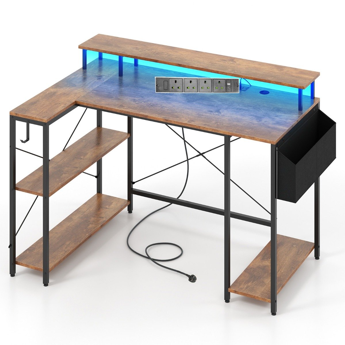 L-Shaped Gaming Desk 120 cm Computer Desk with LED Lights and Power Outlets-Rustic Brown, Costway, 1