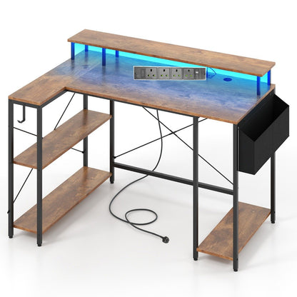 L-Shaped Gaming Desk 120 cm Computer Desk with LED Lights and Power Outlets-Rustic Brown, Costway, 1