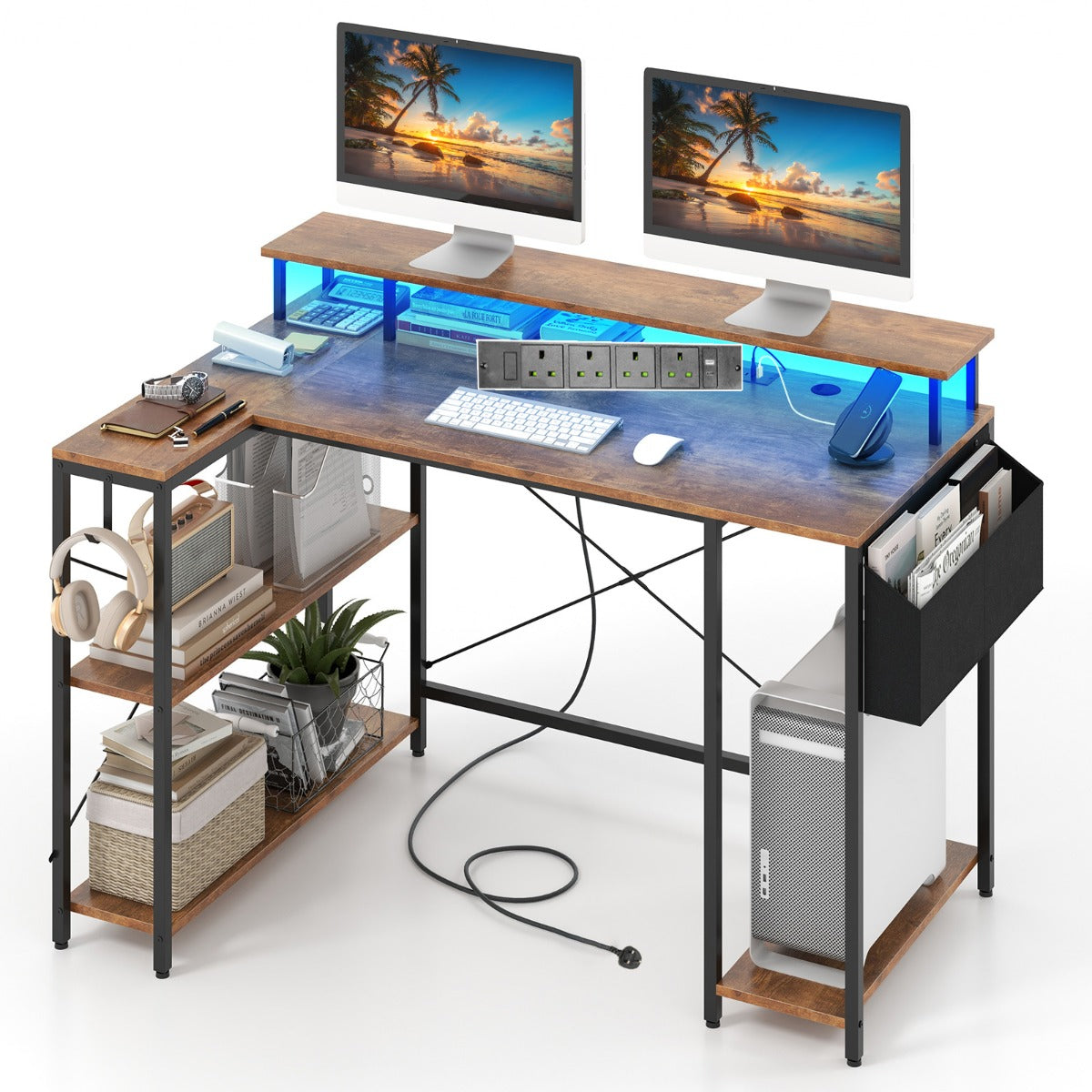 L-Shaped Gaming Desk 120 cm Computer Desk with LED Lights and Power Outlets-Rustic Brown, Costway, 4