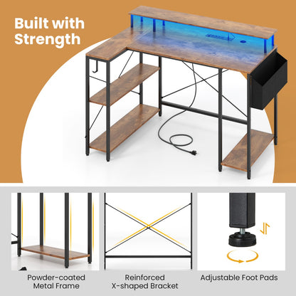 L-Shaped Gaming Desk 120 cm Computer Desk with LED Lights and Power Outlets-Rustic Brown, Costway, 7