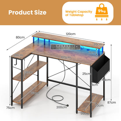 L-Shaped Gaming Desk 120 cm Computer Desk with LED Lights and Power Outlets-Rustic Brown, Costway, 5