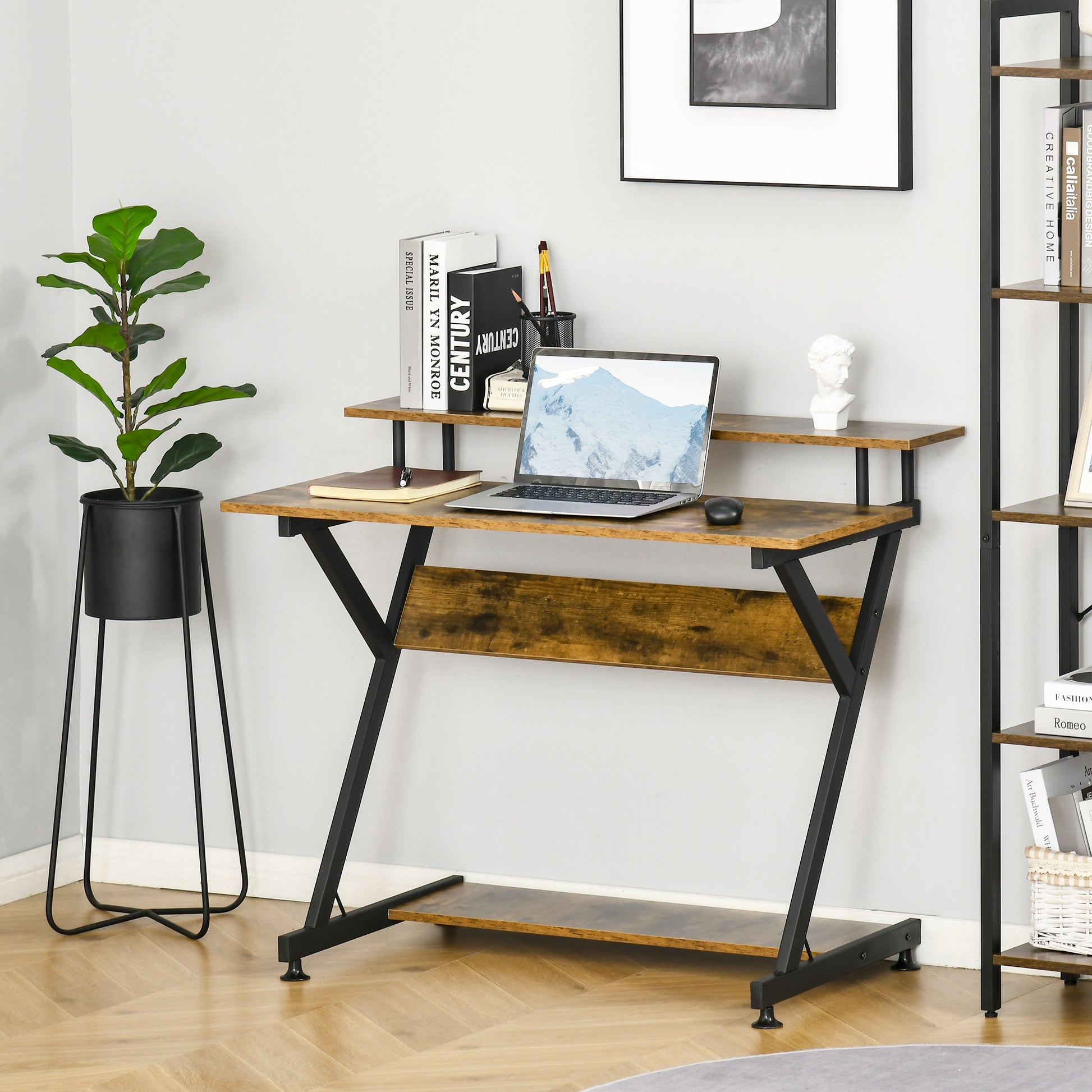 Industrial Computer Desk with Monitor Stand, 100 x 60cm Compact Desk for Small Spaces, Home Office Desk, Rustic Brown, HOMCOM, 6