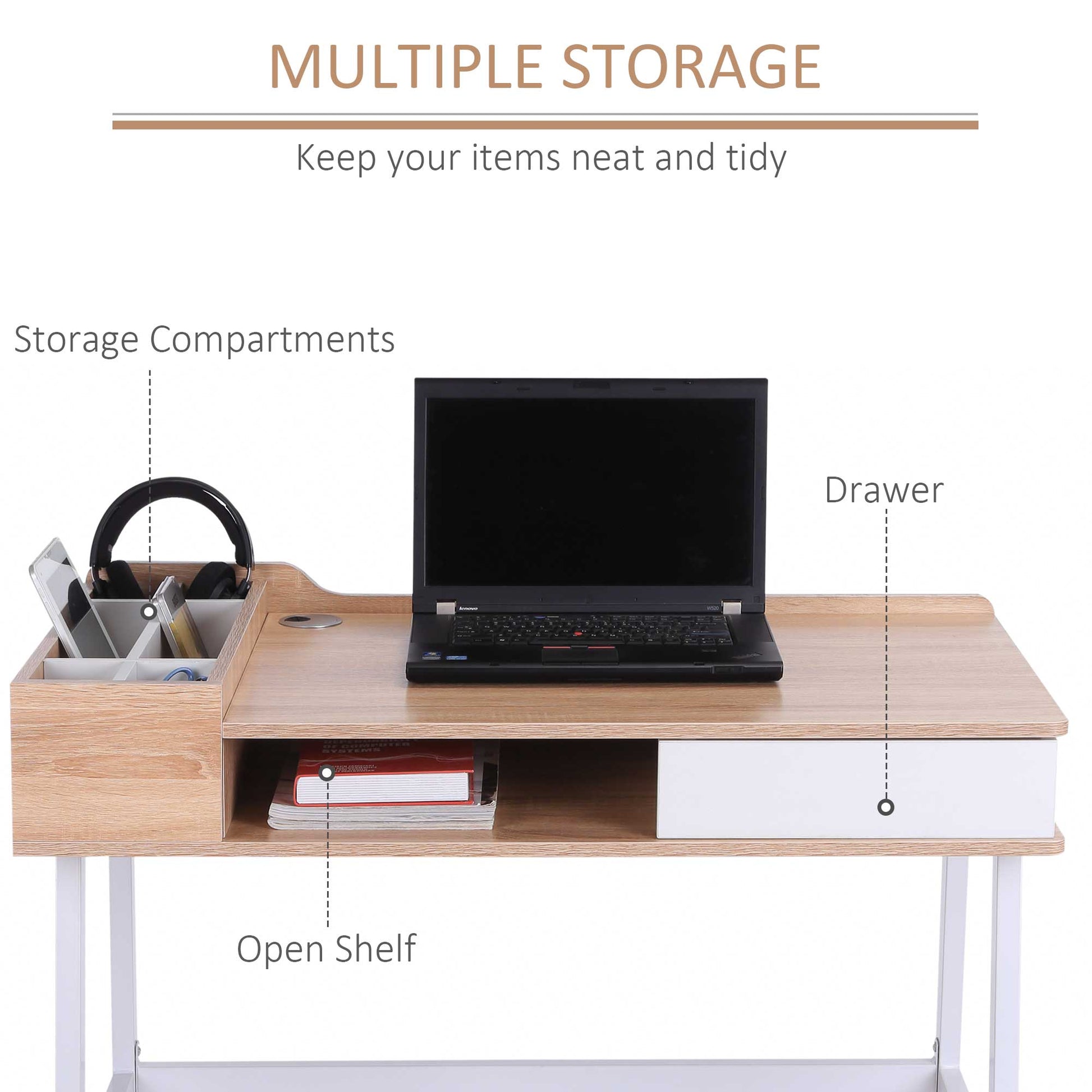 Computer Desk, Writing Desk, Study Workstation with Drawer, Storage Compartments, Cable Management, Laptop Table, Metal Frame, 100 x 55 x 81.5cm, Oak and White, HOMCOM, 4