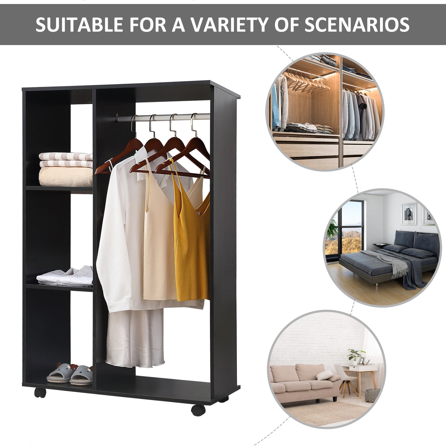 Open Wardrobe on Wheels with Clothes Rail, Bedroom Clothes Storage with Hanging Rod, 3 Storage Shelves, Mobile Garment Rack for Cloakroom, Hallway, Black, HOMCOM, 4