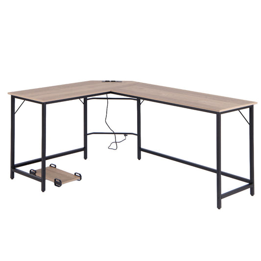 L-Shaped Desk with Power Outlet CPU Stand and Heavy-duty Metal Frame-Natural, Costway, 1