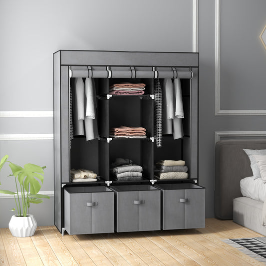 Fabric Wardrobe for Bedroom, Portable Wardrobe with 5 Shelves, 2 Hanging Rails and 3 Fabric Drawers, Foldable Closet, 125 x 43 x 162.5cm, Dark Grey, HOMCOM, 2