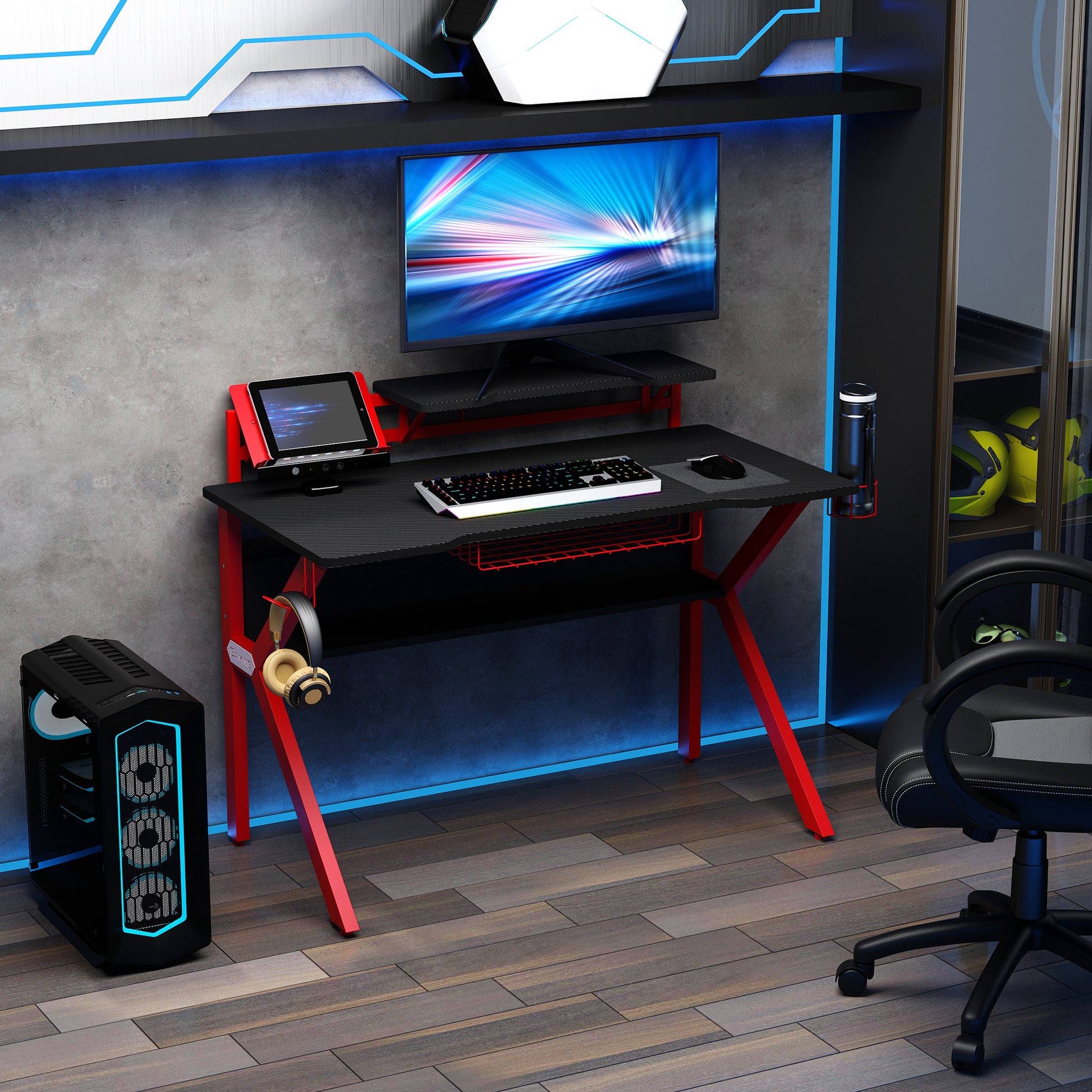 Gaming Desk, Computer Table with Monitor Stand, Cup Holder, Headphone Hook, Wire Basket and Metal Frame, 120cm, Red, HOMCOM, 2