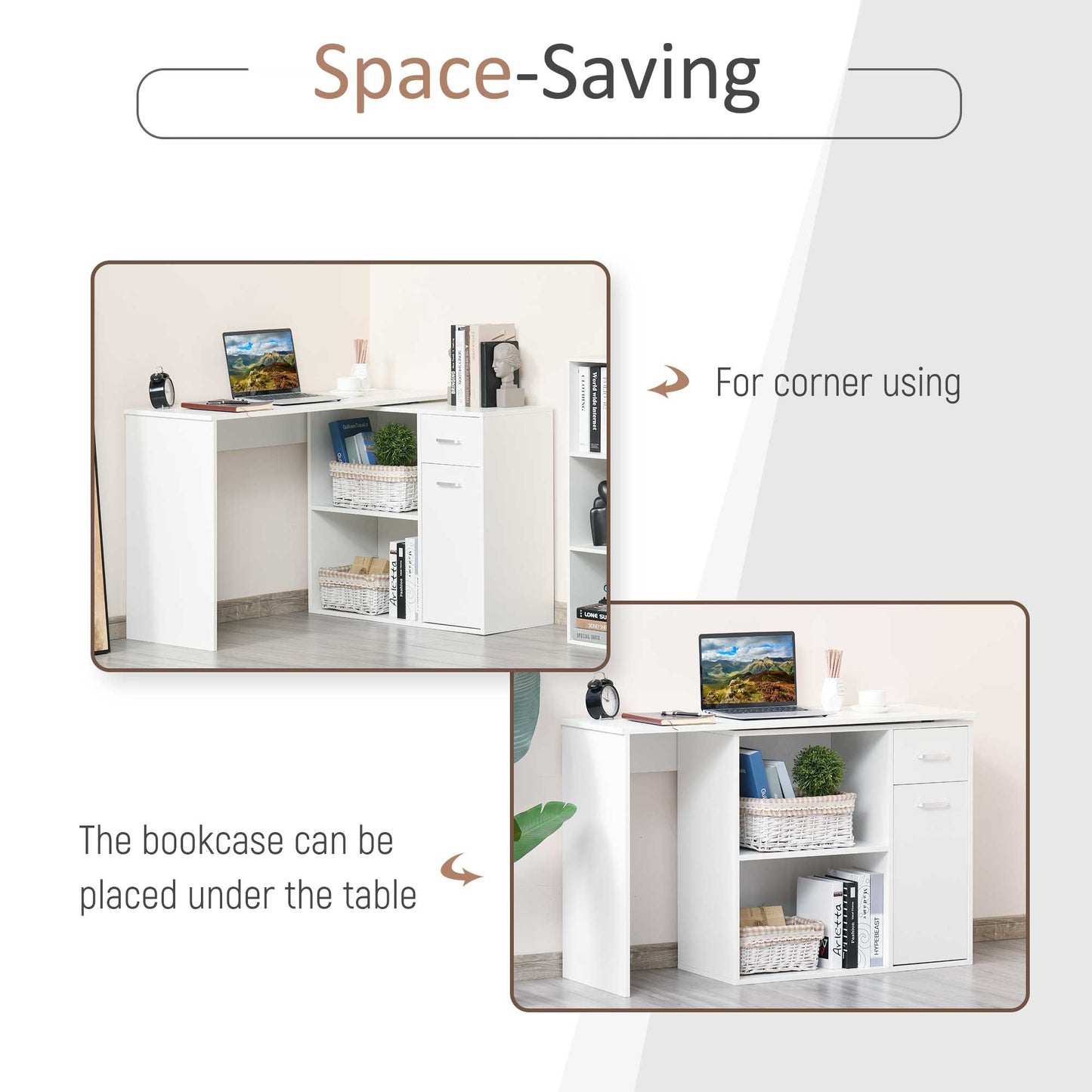 L-Shaped Desk, Corner Computer Desk, Adjustable Study Table with Storage Shelf, Drawer and Cabinet, Workstation for Home Office, White Wood Grain, HOMCOM, 4