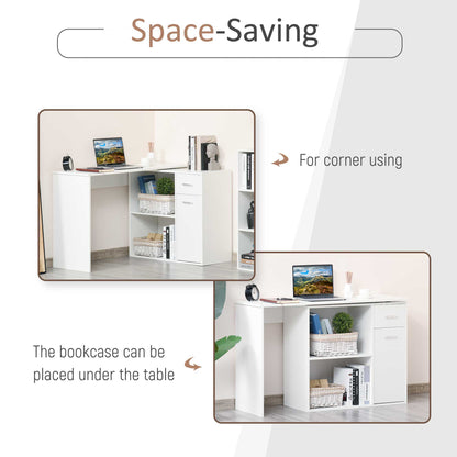 L-Shaped Desk, Corner Computer Desk, Adjustable Study Table with Storage Shelf, Drawer and Cabinet, Workstation for Home Office, White Wood Grain, HOMCOM, 4