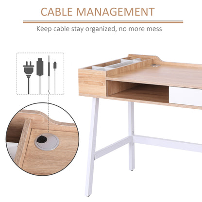 Computer Desk, Writing Desk, Study Workstation with Drawer, Storage Compartments, Cable Management, Laptop Table, Metal Frame, 100 x 55 x 81.5cm, Oak and White, HOMCOM, 5