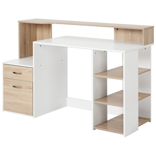 Computer Desk with Drawers and Storage Shelves, Reception Desk, Study Workstation for Home Office, 137 x 55 x 92cm, Oak and White, HOMCOM, 1