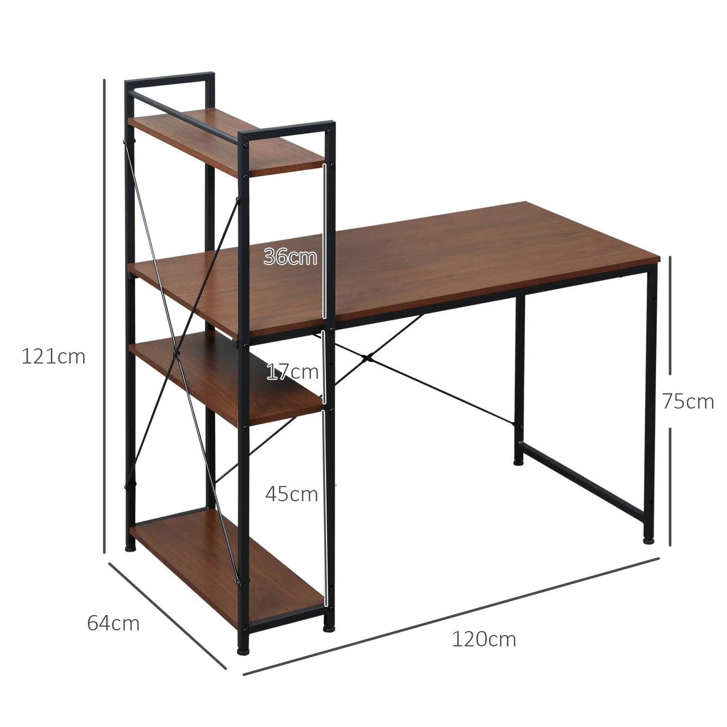 Computer Desk with Storage Shelves on Left or Right, Industrial Reversible Writing Desk for Home Office, Study, Easy Assembly, 120 x 64 x 121cm, Walnut and Black, HOMCOM, 3